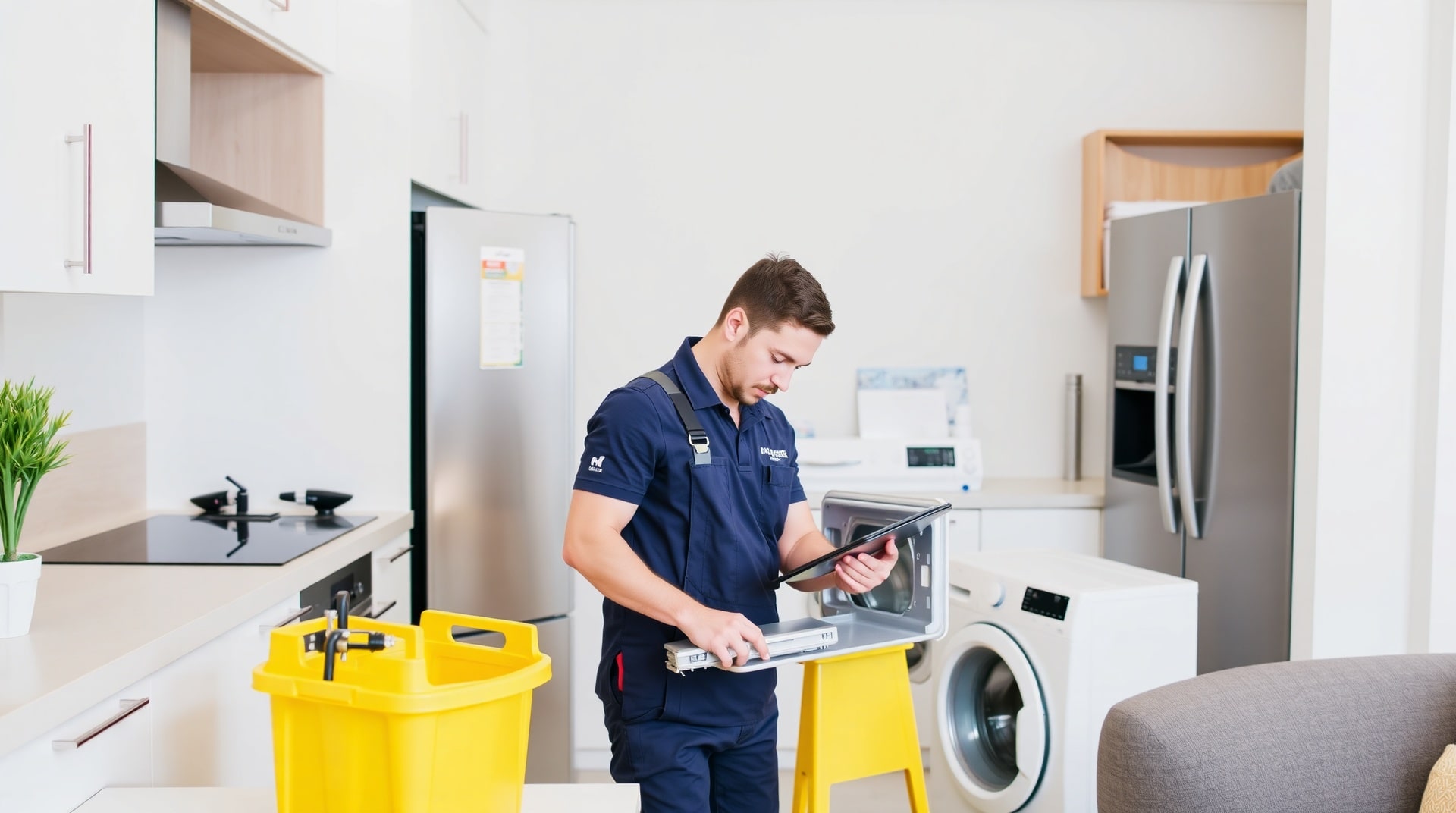 Appliance technician working in a bright home kitchen